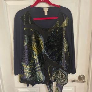 Chico Size 2 Large, Navy front decorative foiled Jersey top. Rayon poly